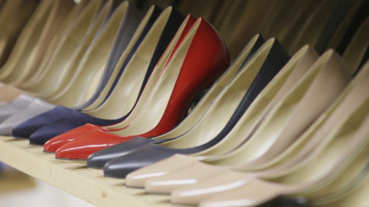 High heels on display in the Pretty Small Shoes store in Bloomsbury, London, Monday, March 6, 2017.