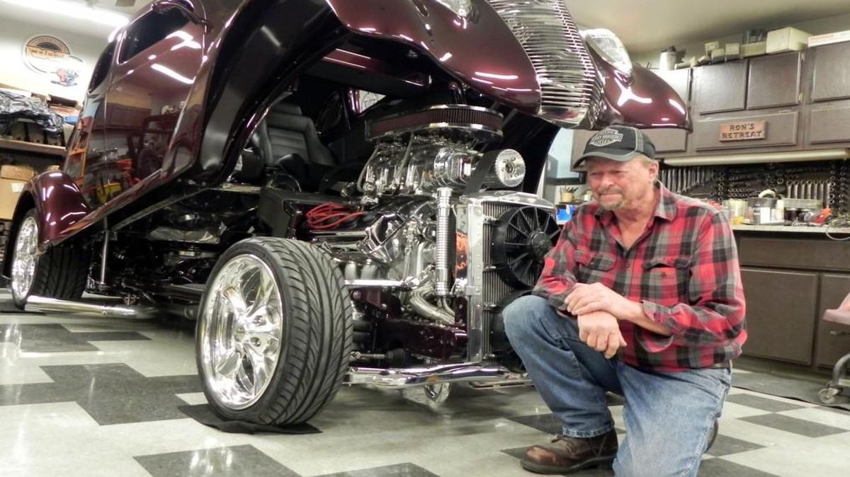 Ron Calabretto spent 20 years designing, engineering and building his one-of-a-kind flip-body 1937 Ford 5-window coupe. He did virtually all of the work on the car, from building the custom-made chassis, the supercharged 392 Chrysler Hemi engine, the body work and spraying the gorgeous Bordeaux Red Reserve paint job.