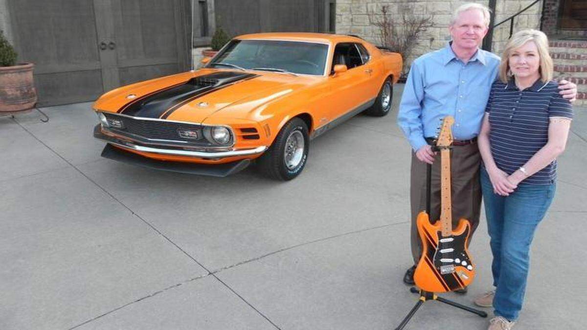 
After driving his college car, this 1970 Mustang Mach 1, for six years, Bill Smith left it in an Iowa pasture, awaiting restoration. A quarter century later, he and a friend finally started the project. It was finished last Halloween and his wife, Mae, and his buddy, Chet Skoog, surprised him with a Fender Stratocaster guitar painted to match his car.
