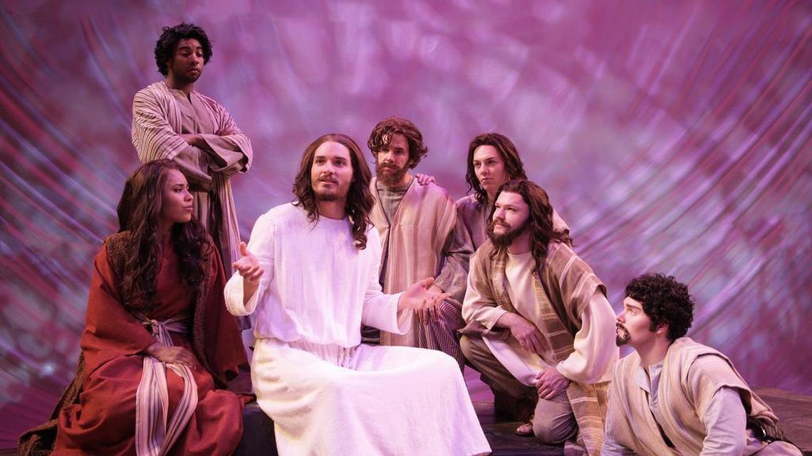 Jesus (Thaddeus Pearson) recounts a parable to Mary Magdalene (Erin Clemons) and some of the disciples (from left, William Branner, Kyle McClellan, Cayel Tregeagle, Tyler Leahy), while Judas Iscariot (Avery Smith, standing) begins to have doubts. What Scripture teaches us about choosing love over revenge.