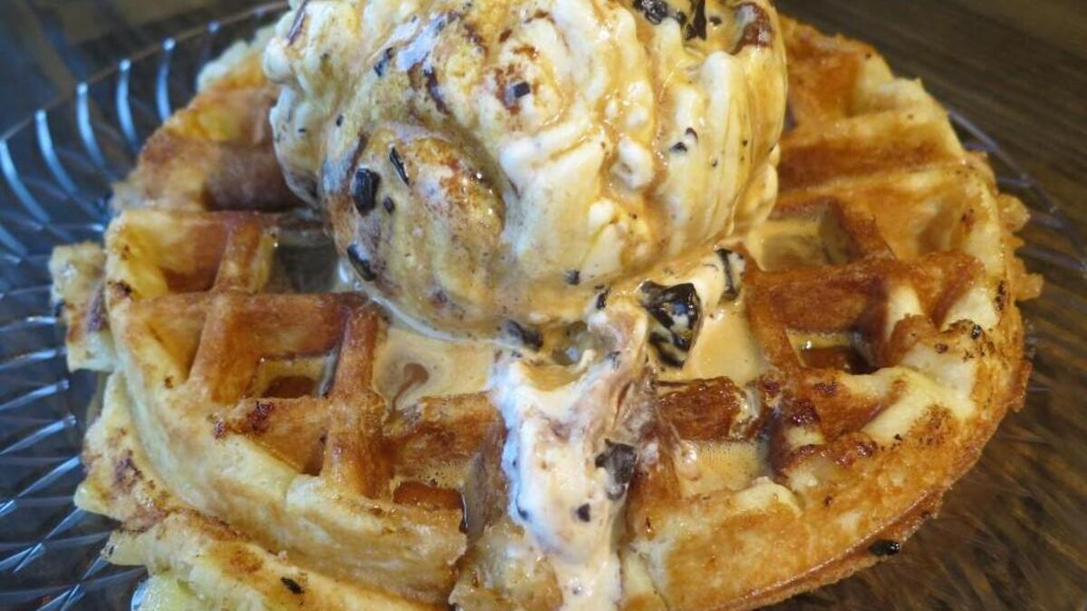 College Hill Creamery serves caramelized Belgian waffles topped with ice cream and a shot of espresso.
