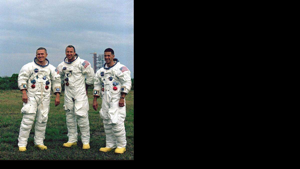 
Apollo 8 astronauts, from left, Commander Frank Borman, command module Pilot James Lovell Jr. and lunar module Pilot William Anders, pose at Kennedy Space Center in 1968. On Dec. 21 of that year, Apollo 8 was launched on a mission to orbit the moon.
