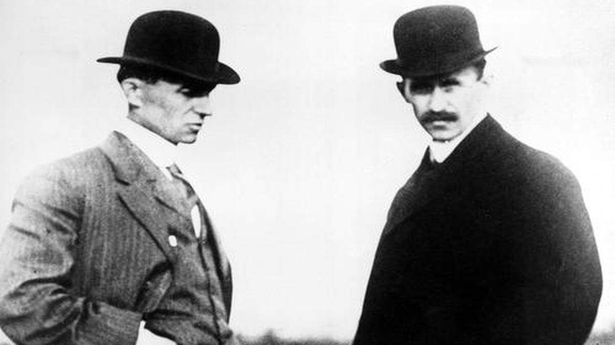 
Wilbur Wright, left, and his brother Orville of Dayton, Ohio, conducted the first successful manned powered-airplane flights near Kitty Hawk, North Carolina, using their experimental craft, the Wright Flyer, on Dec. 17, 1903.
