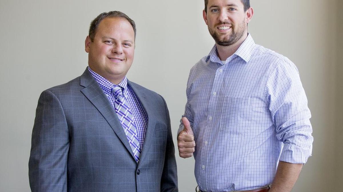 Patrick Lawrence, left, and Nathan Harrison will try to raise money for United Way when they play in a dodgeball tournament Saturday at Intrust Bank Arena.