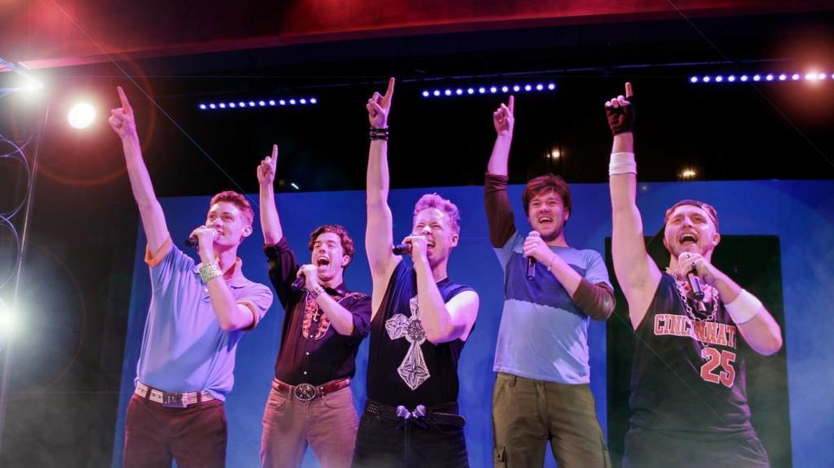 “Altar Boyz” is a righteous and riotous 105-minute musical, starring, from left, Tanner Neath, Austin Ragusin, Ryan Schafer, Max Wilson and Seth Knowles.