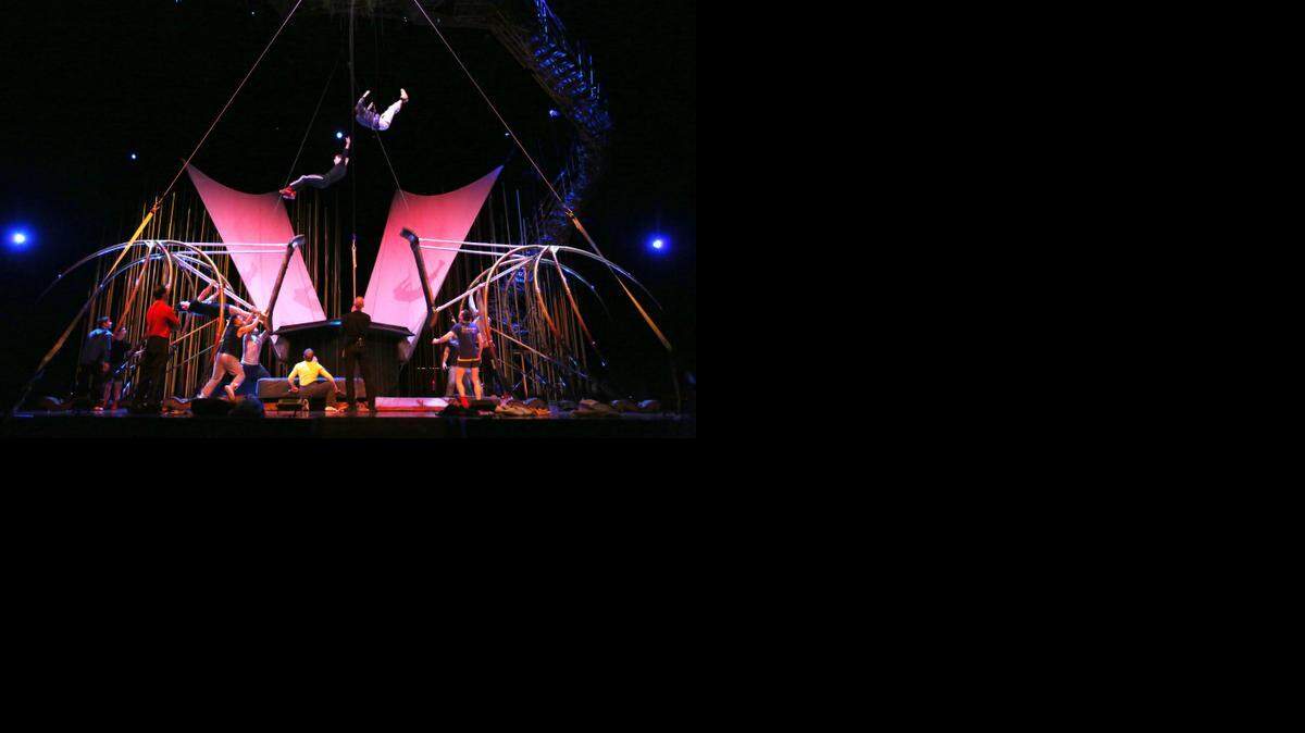 
Gymnasts in Cirque du Soleil’s Varekai rehearses a jump in the Russian swing act earlier this week. The performers sometimes use safety harnesses to practice new jumps in rehearsal and go without them during the show. Performances will be at 7:30 p.m. Saturday, 1:30 p.m. and 5 p.m. Sunday Jan. 18 at Intrust Bank Arena. (Jan. 14, 2015)
