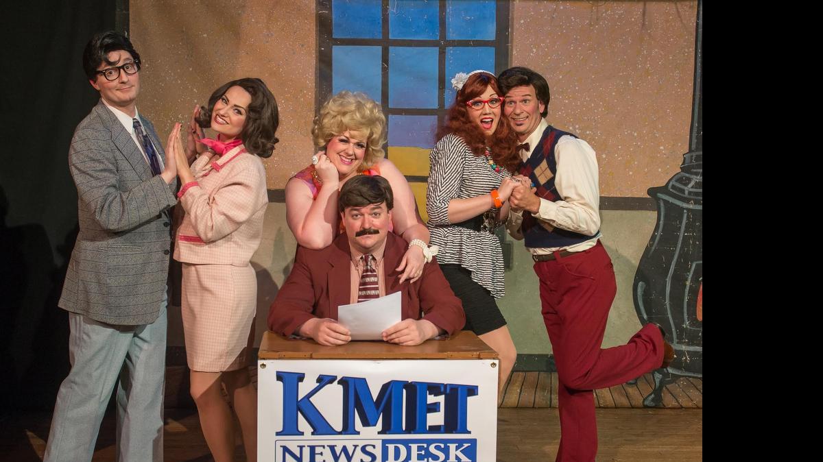 
Dylan Lewis, left, Briley Meek, Jenny Mitchell, Kyle Vespestad, Megan Parsley and Craig Green in “Anchorman of Steel.”

