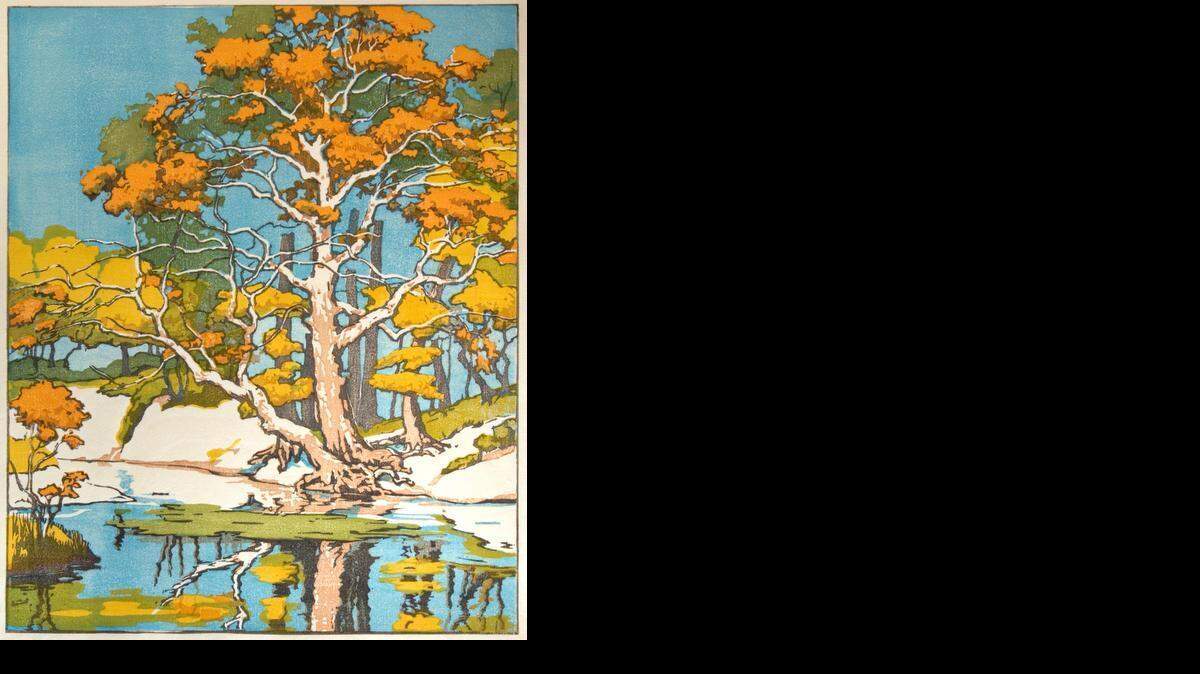 
“Old Sycamore” color block print by Norma Bassett Hall, 1942. 
