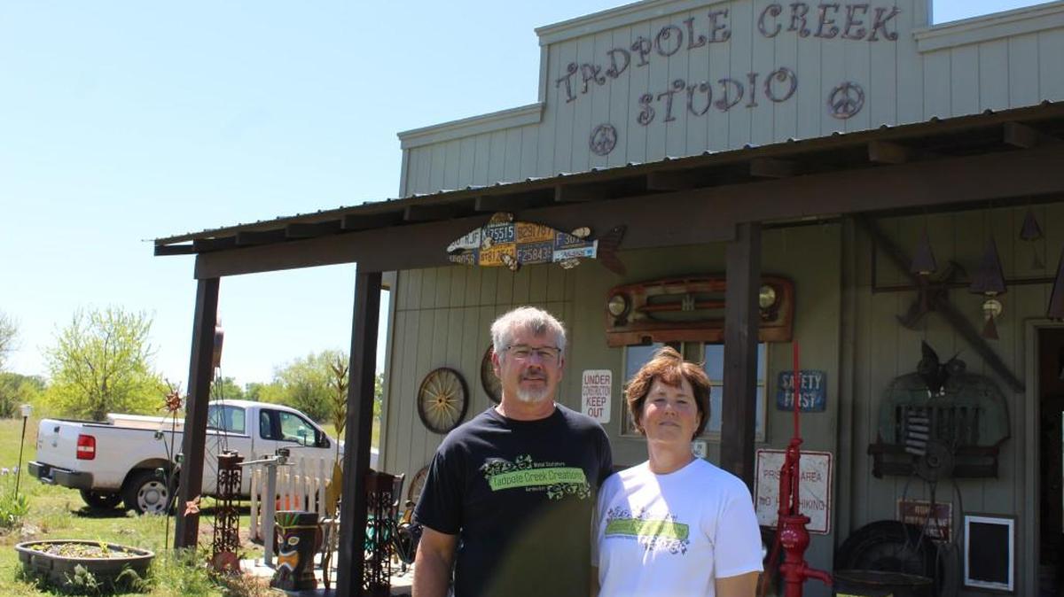 Derold and Cindy Becker own Tadpole Creek Creations, a studio near rural Belmont in Kingman County that creates yard art by welding together old metal parts.