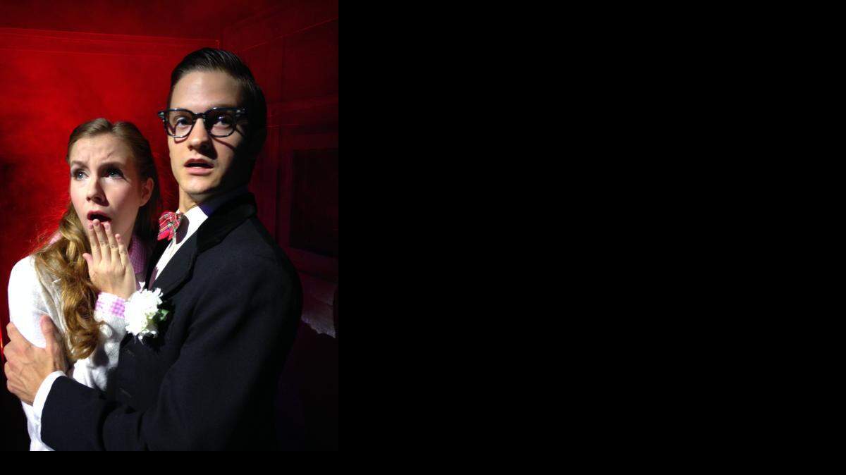 
Janet Wiggins and Austin Stang star as Janet and Brad in Crown Uptown Theatre’s “The Rocky Horror Show.”
