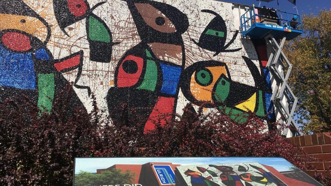 Work continues on the re-installation of the Miro mural at Wichita State University. (Oct. 20, 2016)