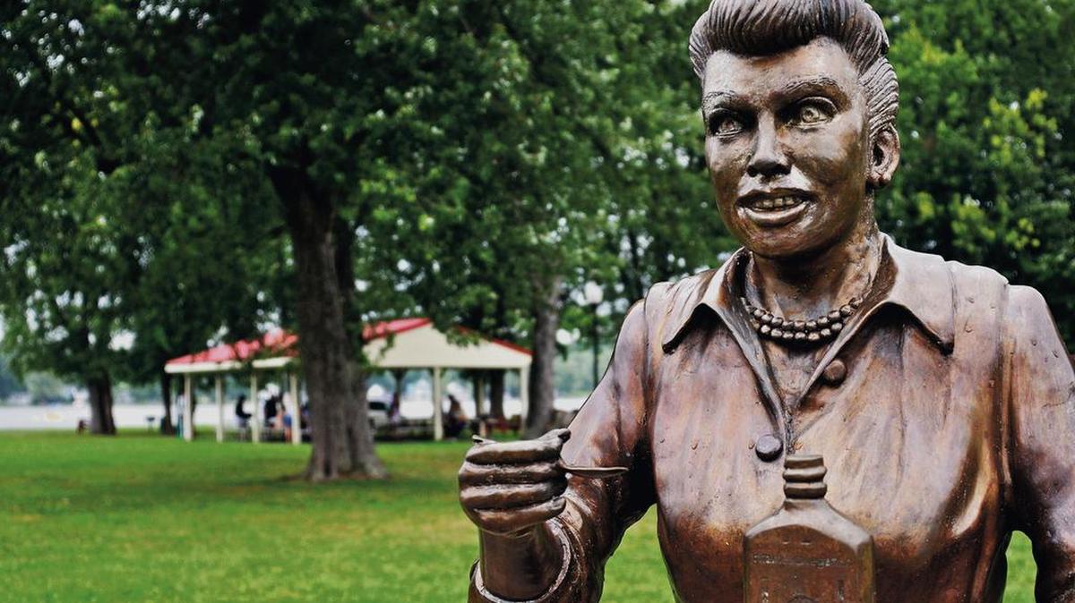 A much-hated bronze sculpture of Lucille Ball dubbed “Scary Lucy” is displayed in Lucille Ball Memorial Park in Celoron, N.Y. A new statue of Ball was scheduled to be unveiled this weekend.