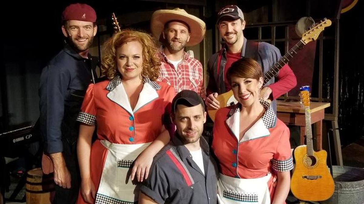 Pump Boys and Dinettes runs through Oct. 15. Back Row from left: Leslie Alan Coates, Ted Dvorak and J. Clayton Winters. Front Row: Stephen Hithcock (kneeling), Katie Riggs (seated) and Jen Bechter