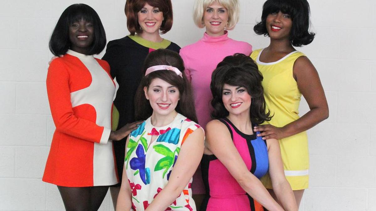 The six-member cast of “Beehive: The ‘60s Musical” perform 40 songs from the 1960s. Back row, from left, are Dalima Kapten, Megan Parsley, Tara Clary and Jaslyn Alexander. Sitting, from left, are Madi White and Briley Meek. The show runs through Sept. 3 at Roxy’s Downtown.