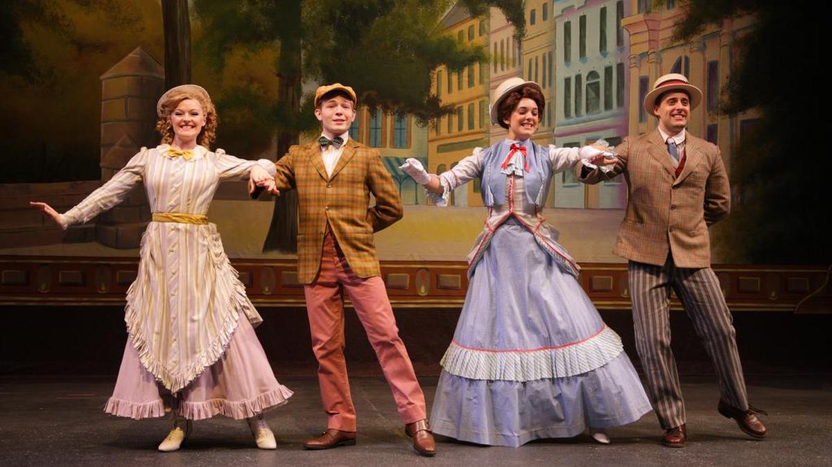 
Romance is in the air in 1890s Yonkers when Minnie Fay (Daisy Wright) meets Barnaby Tucker (Patrick Garr) and Irene Molloy (Kerry Conte) meets Cornelius Hackl (Steve Hitchcock) in "Hello, Dolly."
