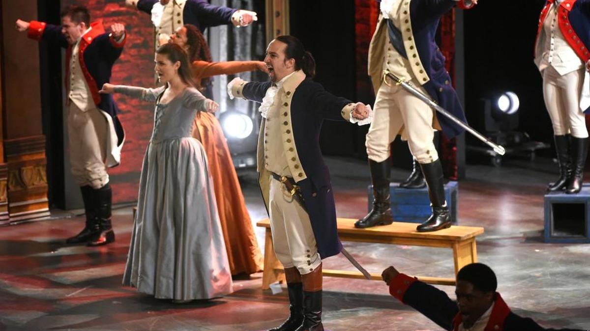 Lin-Manuel Miranda, center, and the cast of “Hamilton” perform at the Tony Awards at the Beacon Theatre on Sunday in New York.
