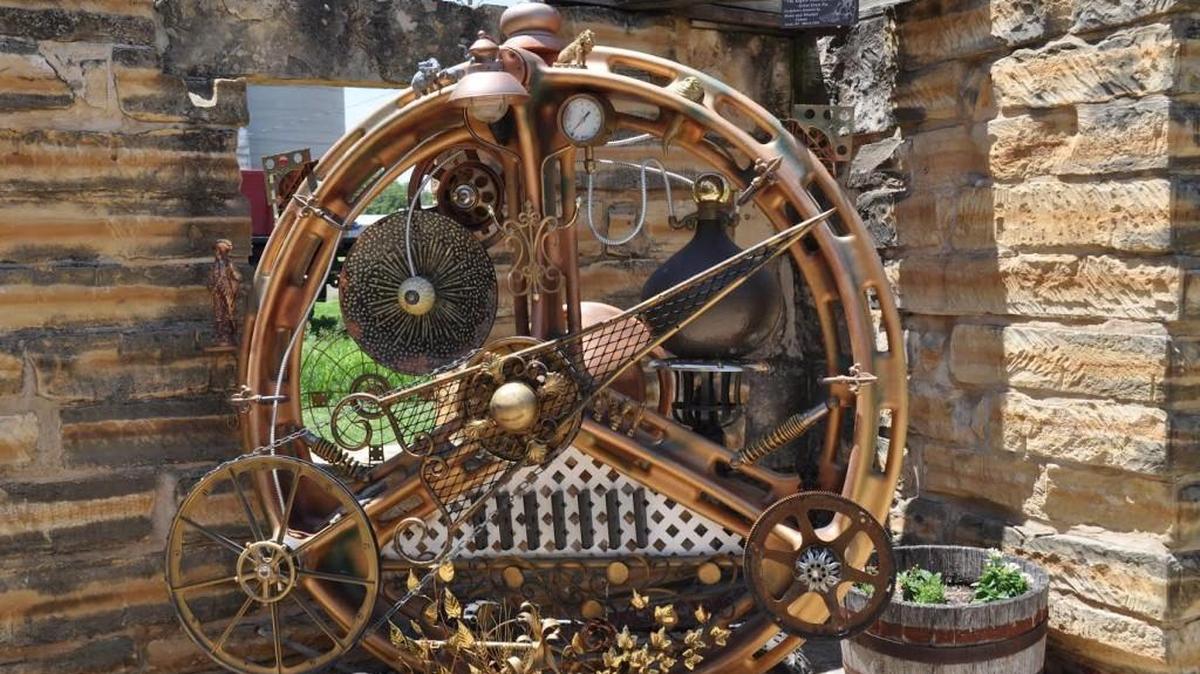 An outdoor sculpture created by Wichitan Gary Pendergrass is on display in the courtyard at the Grassroots Art Center in Lucas.