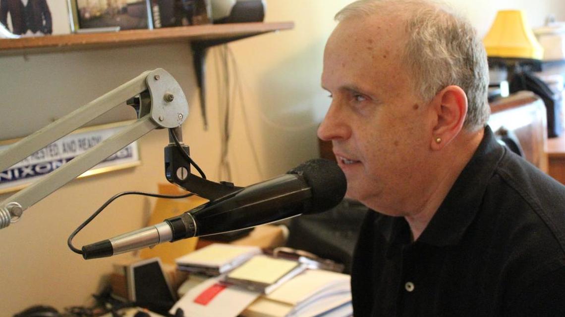 Steve Bauer records an opening for a future episode of the “Sunday Jazz Brunch” radio show.