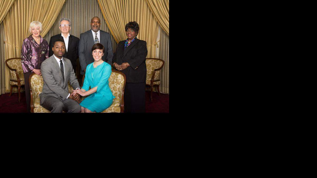
The engagement of their children (front row, Lando Hawkins, Chelsey Moore) unnerves parents (from left, Gina Austin, Tom Frye, Robert Barnes and Karla Burns) in “Guess Who’s Coming to Dinner.”
