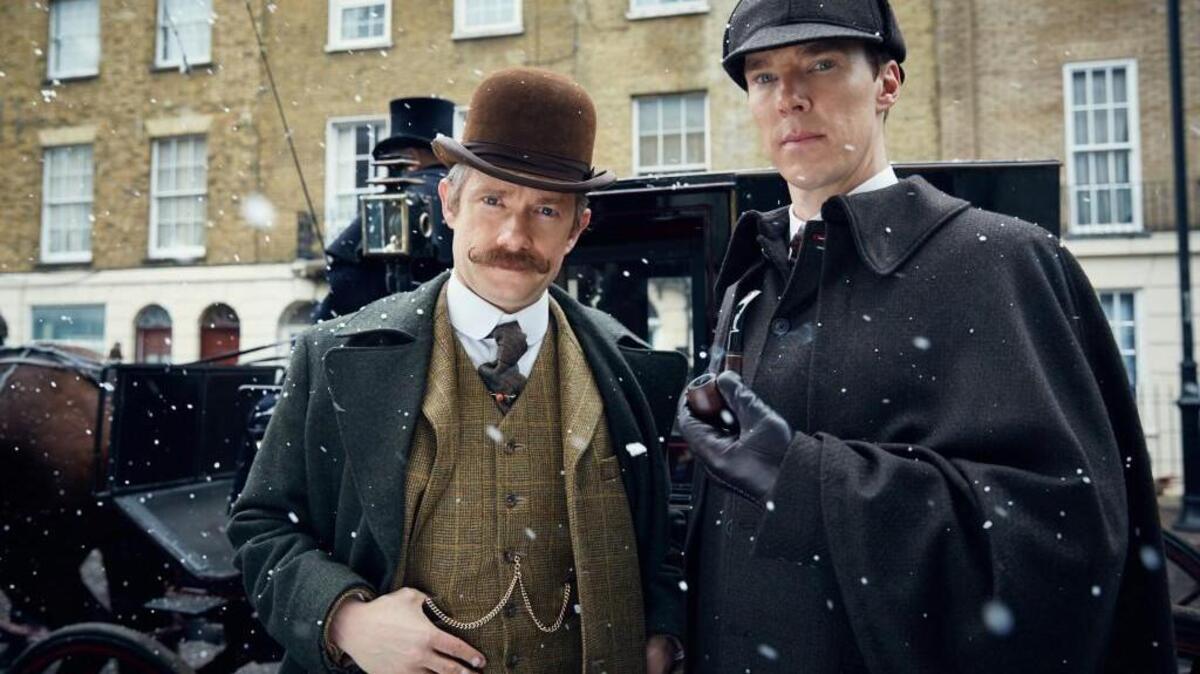 “Sherlock” co-stars Martin Freeman, left, and Benedict Cumberbatch normally portray Watson and Holmes in present-day London. But the two will reprise their roles in a movie set in the 1890s. It will air on PBS on Jan. 1.