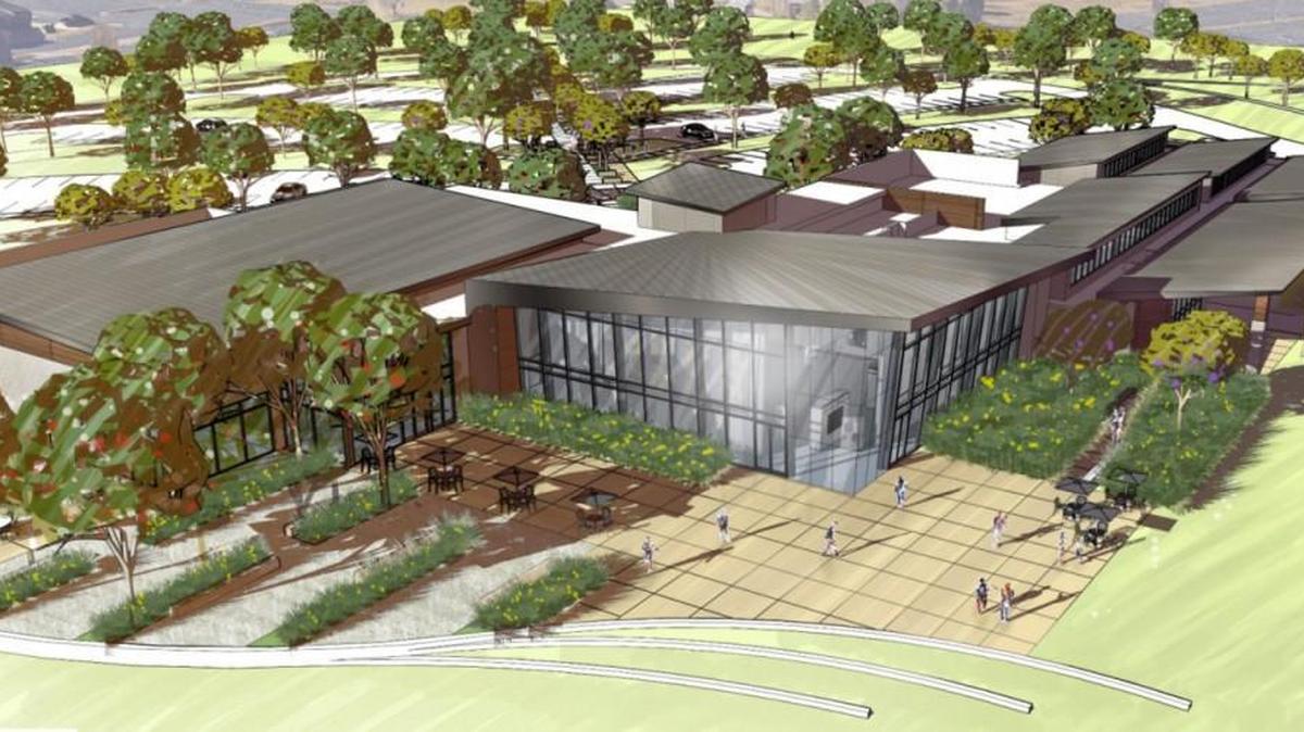 Latest artist’s illustration of the new Center for the Arts building planned for the southwest corner of 13th and Rock Road.