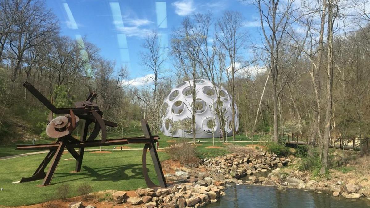 This computer illustration provided by the Crystal Bridges Museum of American Art shows how inventor Buckminster Fuller’s Fly’s Eye Dome will look when installed on the museum grounds in Bentonville, Ark.