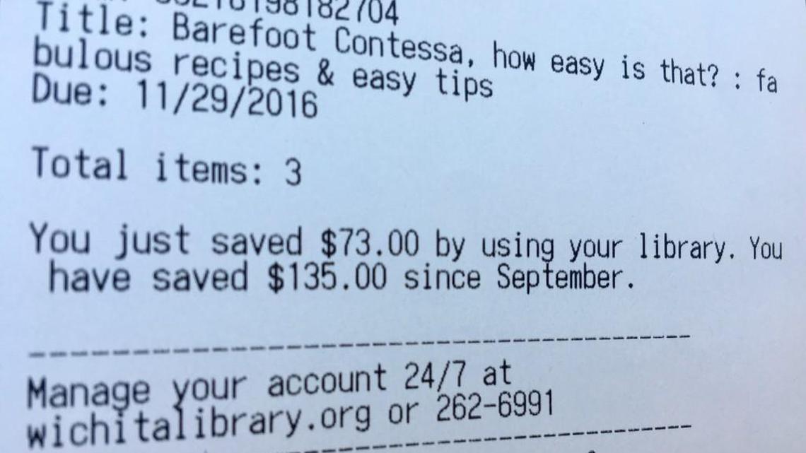 Receipts from the Wichita library now show the cost savings of borrowing materials instead of buying them.