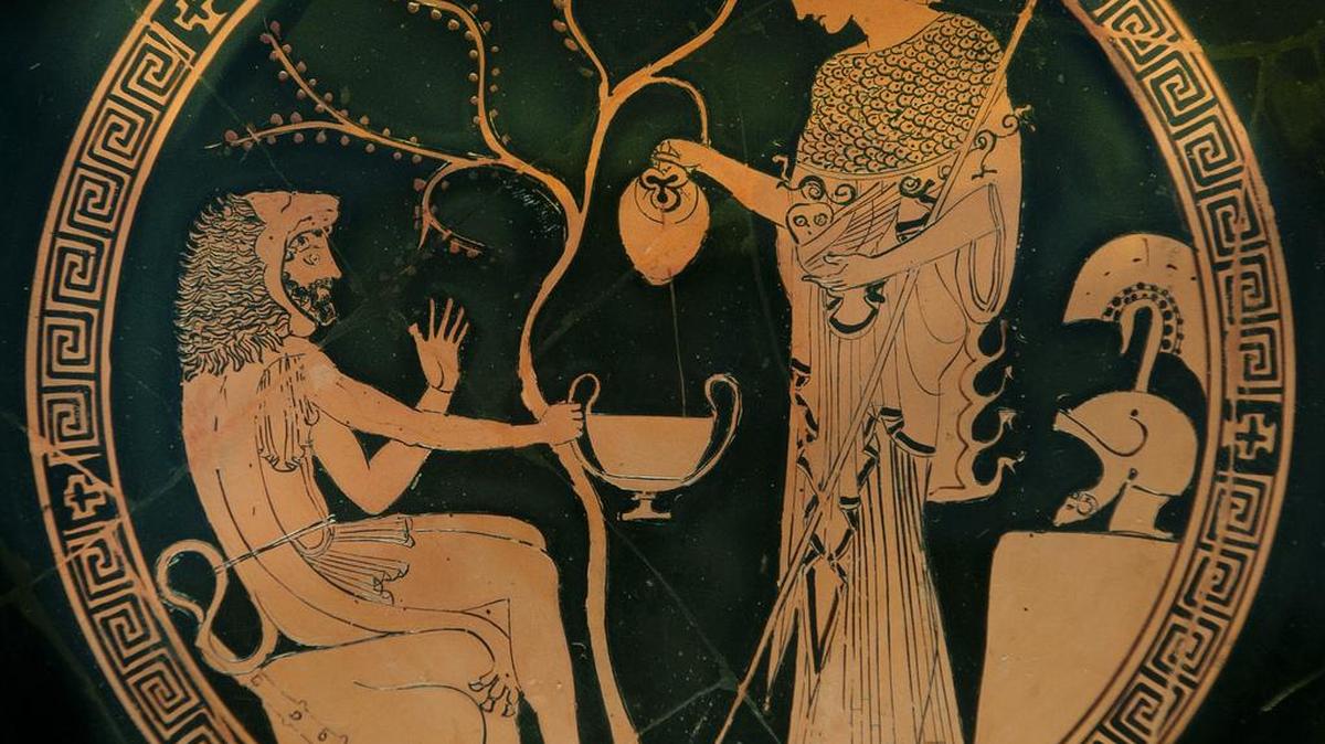 The Greek goddess Athena pours a drink for Heracles, who wears the skin of the Nemean Lion.