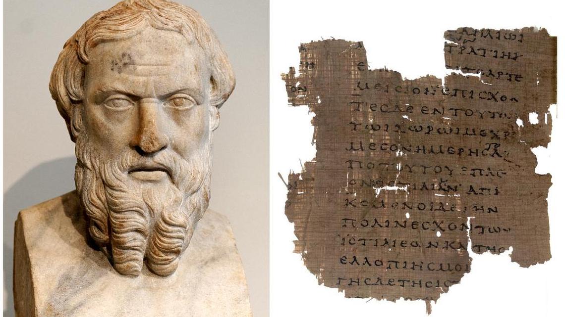 
A bust of Herodotus and a fragment of a manuscript of “The Histories.”
