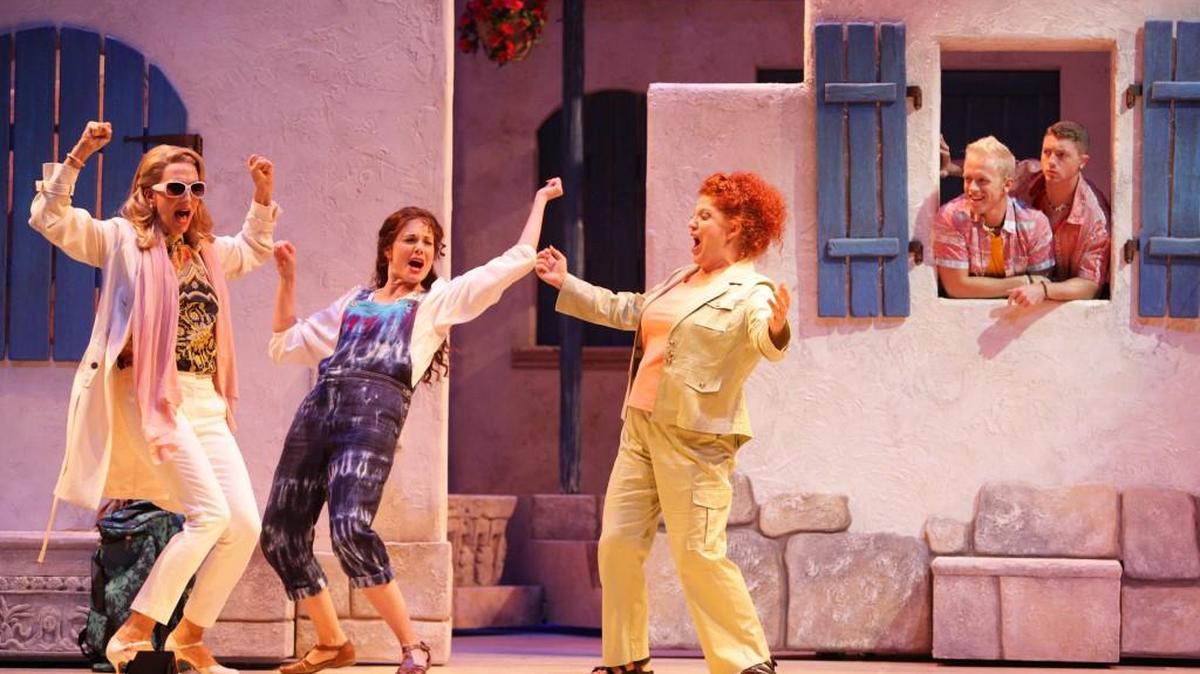 Tanya (Paula Leggett Chase), Donna (Kim Huber) and Rosie (Karen L. Robu) experience a joyful reunion as Pepper (Matthew Davies) and Eddie (Walker Brown) watch in Music Theatre Wichita’s production of “Mamma Mia!”