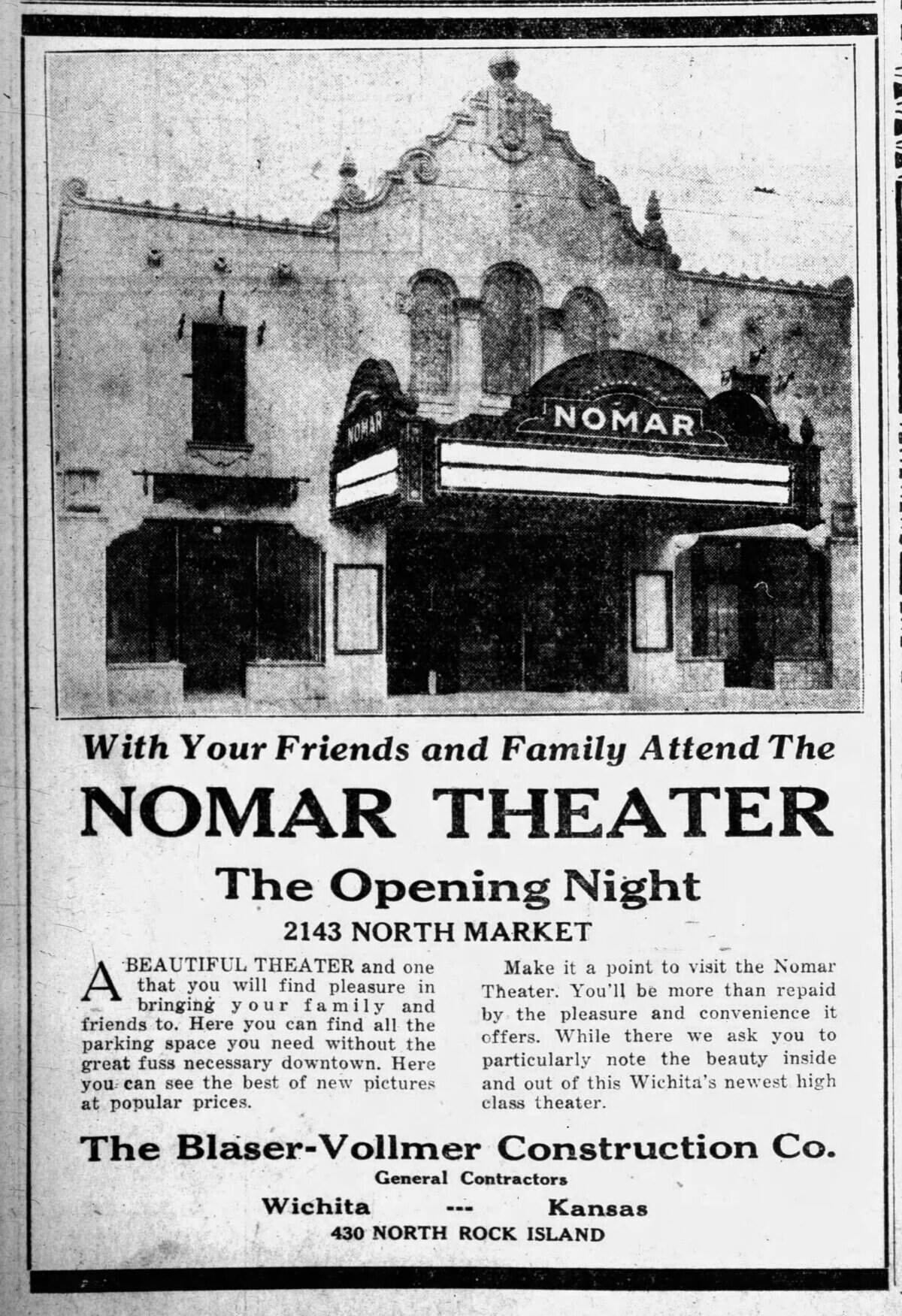 An advertisement from the March 31, 1929, edition of the Wichita Eagle contains details about the Nomar Theater’s opening night.