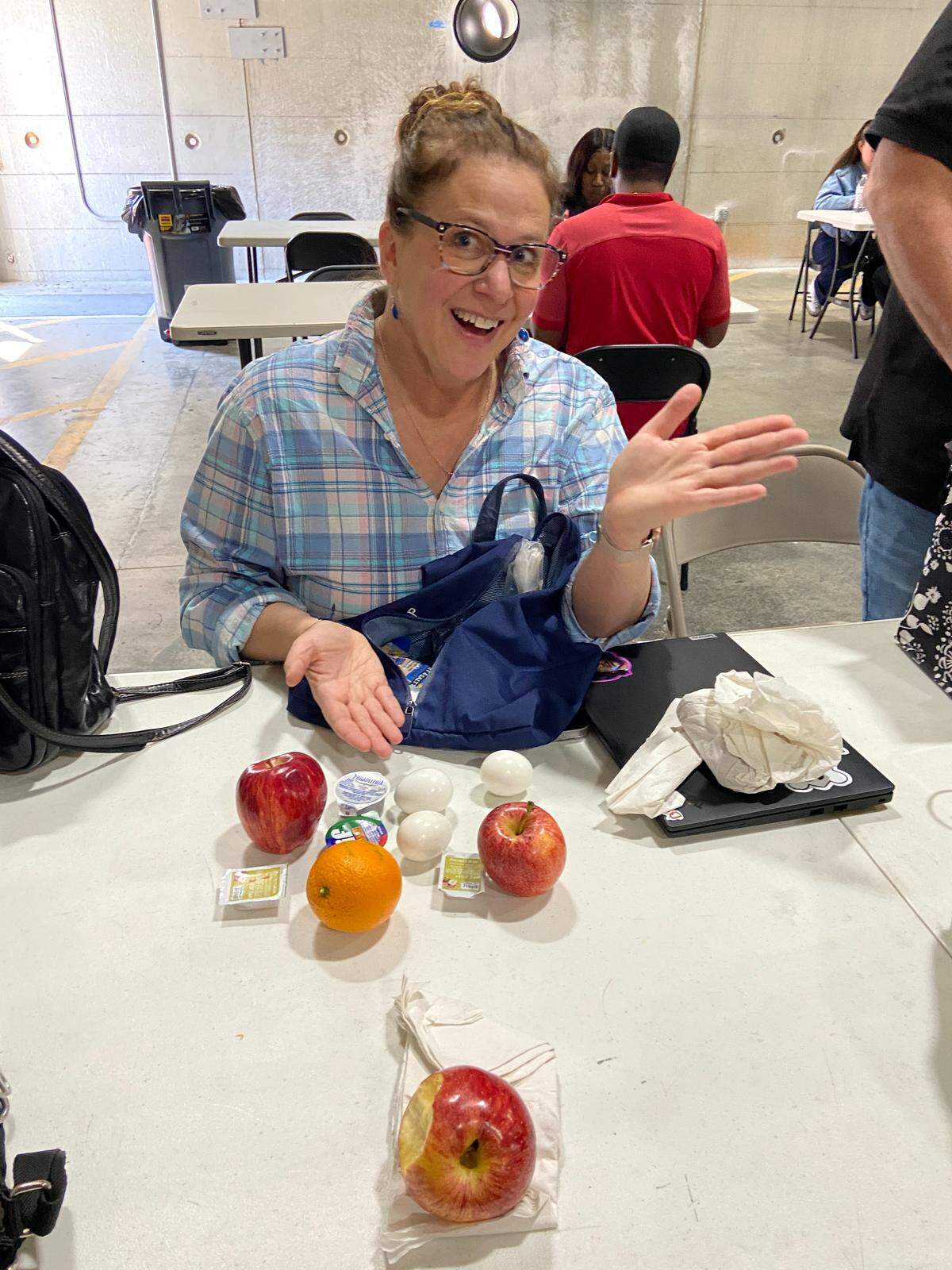 Denise Neil dines on pilfered food from the hotel breakfast buffet while at Tyler Perry Studios waiting to see the Barber family compete on “Family Feud”
