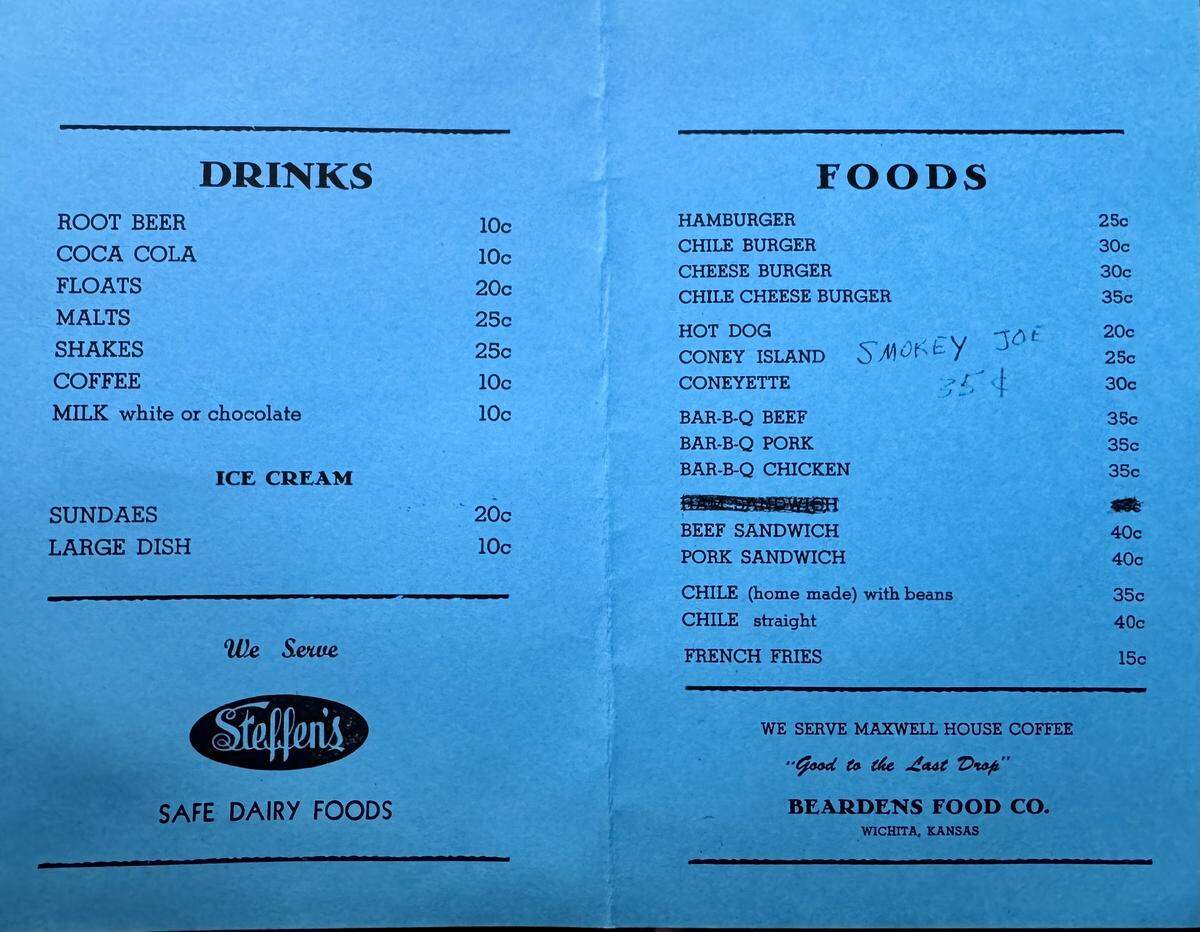 The Highlander Drive-In in Wichita had a typical 1950s malt shop menu.