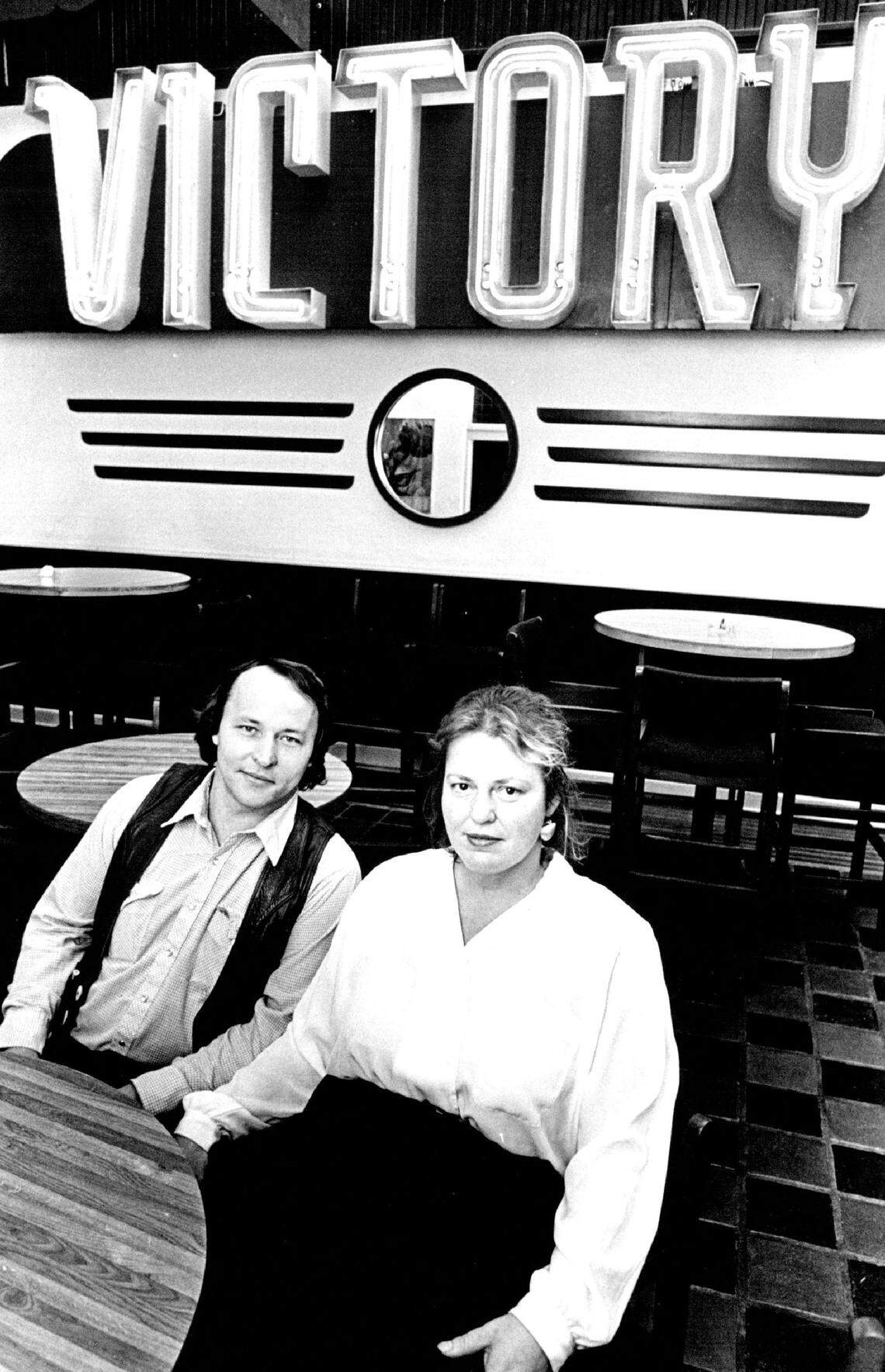 John and Mary Wright of Old Mill Tasty Shop fame are pictured in their Victory Bar-n-Grill in 1986. The couple had one side of the old Victory Theater sign in that restaurant, then it went to Heroes in Old Town, where it remains.