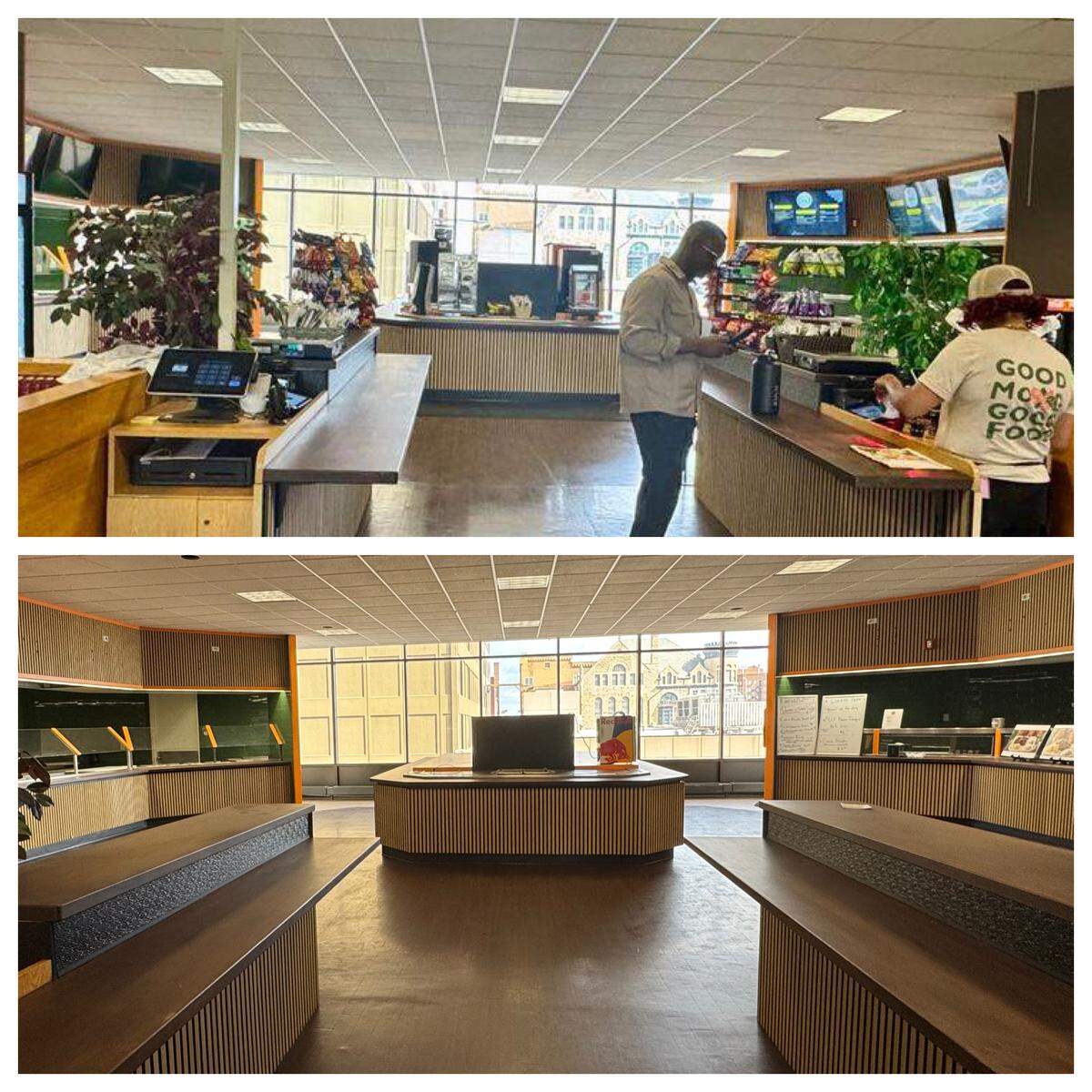 The Plentibloom food hall when it first opened last year, above, and now, below. There’s still one vendor, Noble House Hawaiian Plate Lunch, operating in the space, which is on the walkway level of the Ruffin Building at Douglas and Broadway.
