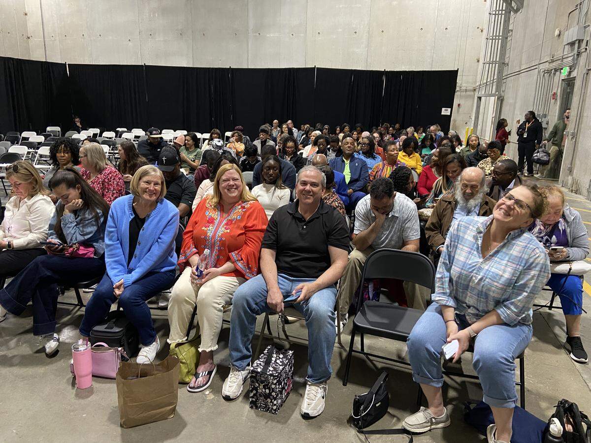 The Barber family’s cheering section is pictured in the “Family Feud” waiting area at Tyler Perry studios and includes, front row from right, Denise Neil, Glenn Barber, Carrie Rengers and Missy Cobian of Atlanta.