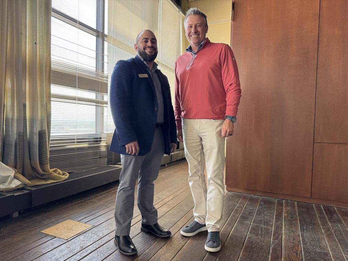 Ninth Floor Club co-owner Scott Welsh, right, and club general manager Chris Romero are pictured in September in the space they were preparing to turn into Cloud 9 Cigar Bar & Lounge.
