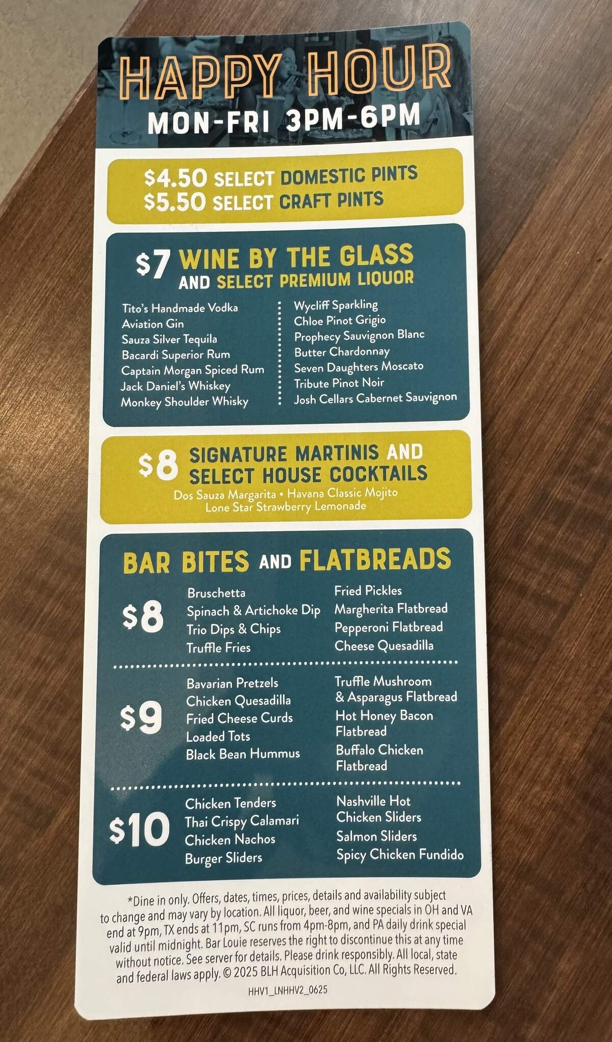 The happy hour menu for Bar Louie