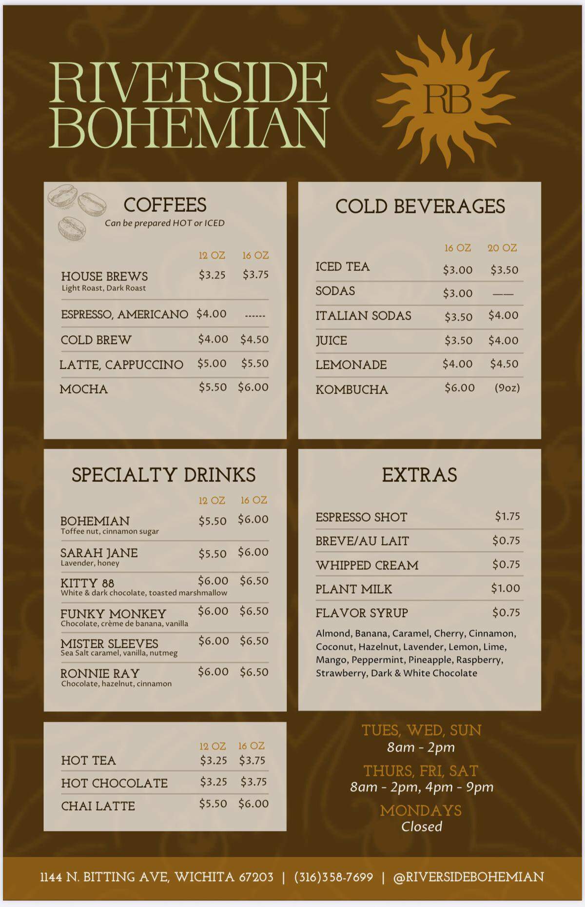 Riverside Bohemian’s drink menu