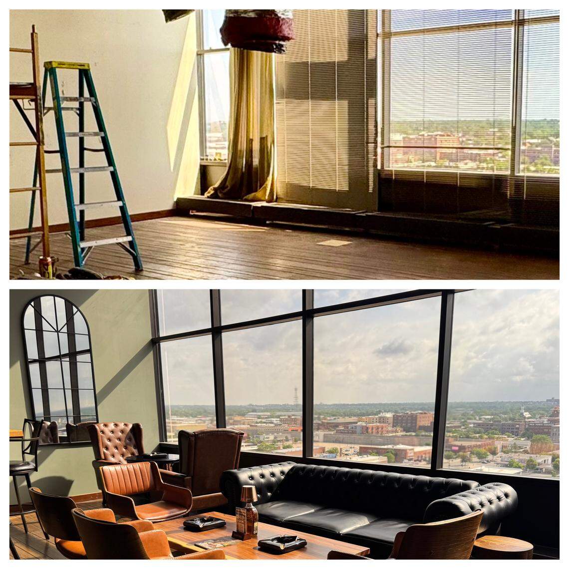 Before and after: The owners of The Ninth Floor Club, formerly the Petroleum Club, have transformed a former storage room into a sleek cigar bar with sweeping views of downtown Wichita.