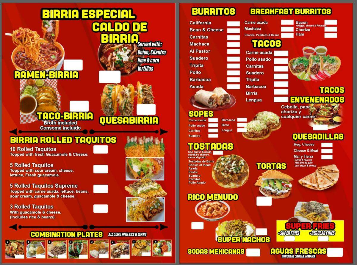 The menu for Birria Estilo Zacatecas at 2119 W. 21st St. in Wichita