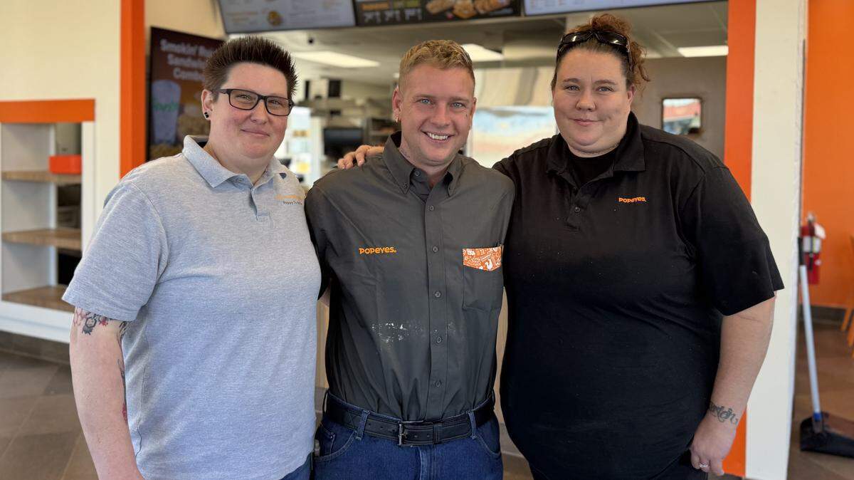 Among the ARJH franchise team that is training employees at the new 21st and Amidon Popeyes are, from left, director of operations and distict manager Jodi Rutledge; Ponca City Popeyes general manager Chris McDonald; and Jazzy Hamm, district manager for Oklahoma.
