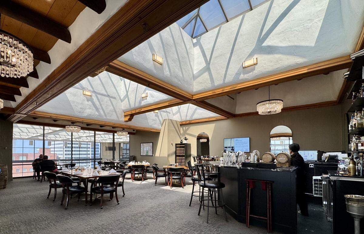 The Ninth Floor Club’s new private dining room looks out onto the Ruffin Building lobby and offers a view of downtown Wichita.