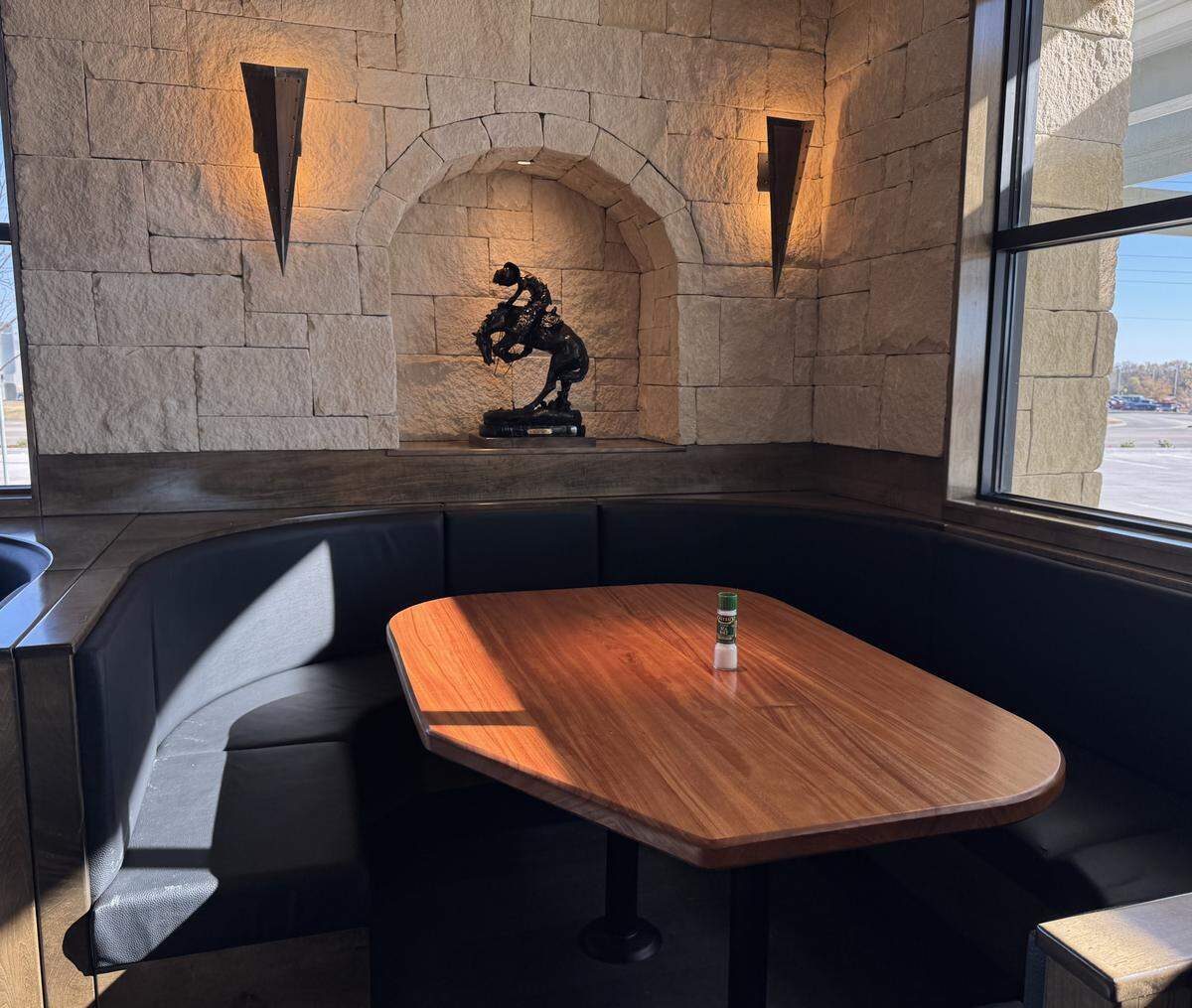 A corner booth in the new Morgan’s Steakhouse in Derby will be able to seat larger parties.