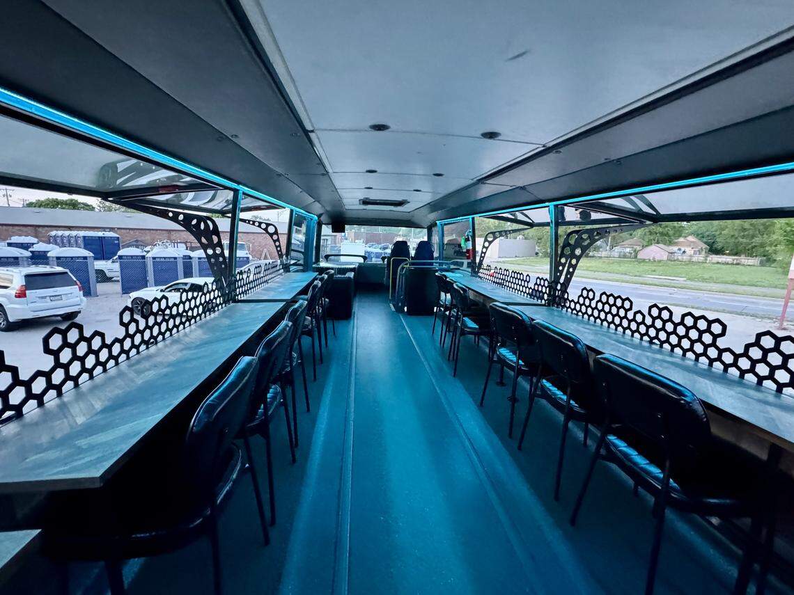 The second story of The Upper Deck mobile bar has seating for 30.