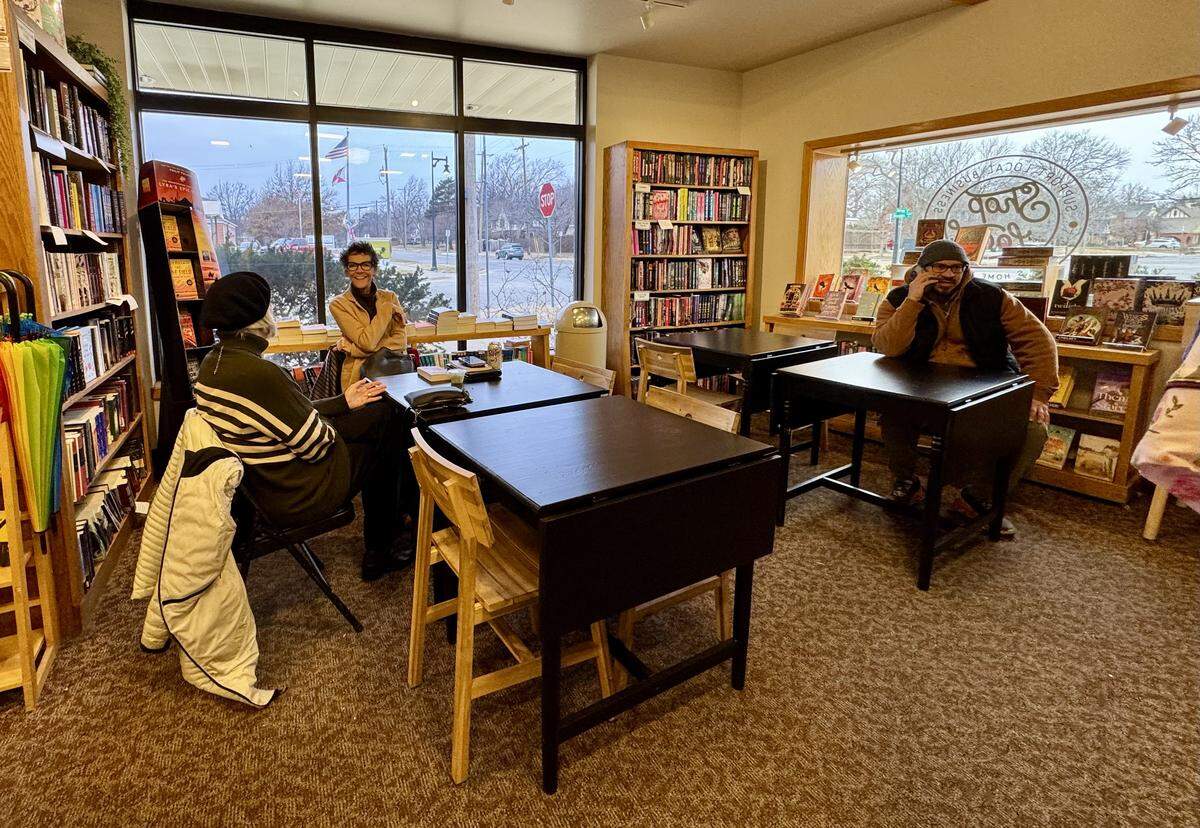 A temporary cafe seating area is set up in the young adult section of Watermark Books while the bookstore’s cafe undergoes renovations. The kitchen is open and serving as construction continues.