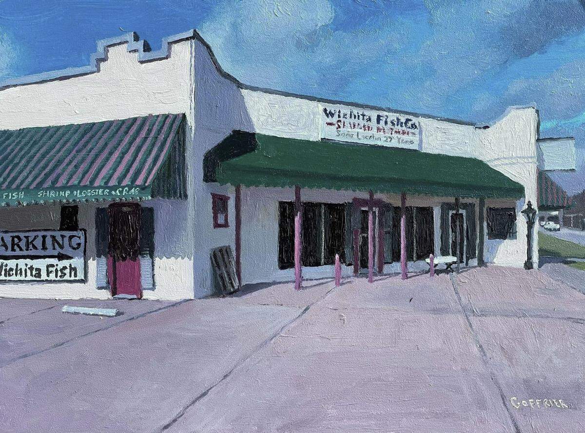 The sign that’s now at Hudson Antique Market is visible in the bottom left of this painting of the old Wichita Fish Co. building done by local artist Bill Goffrier.