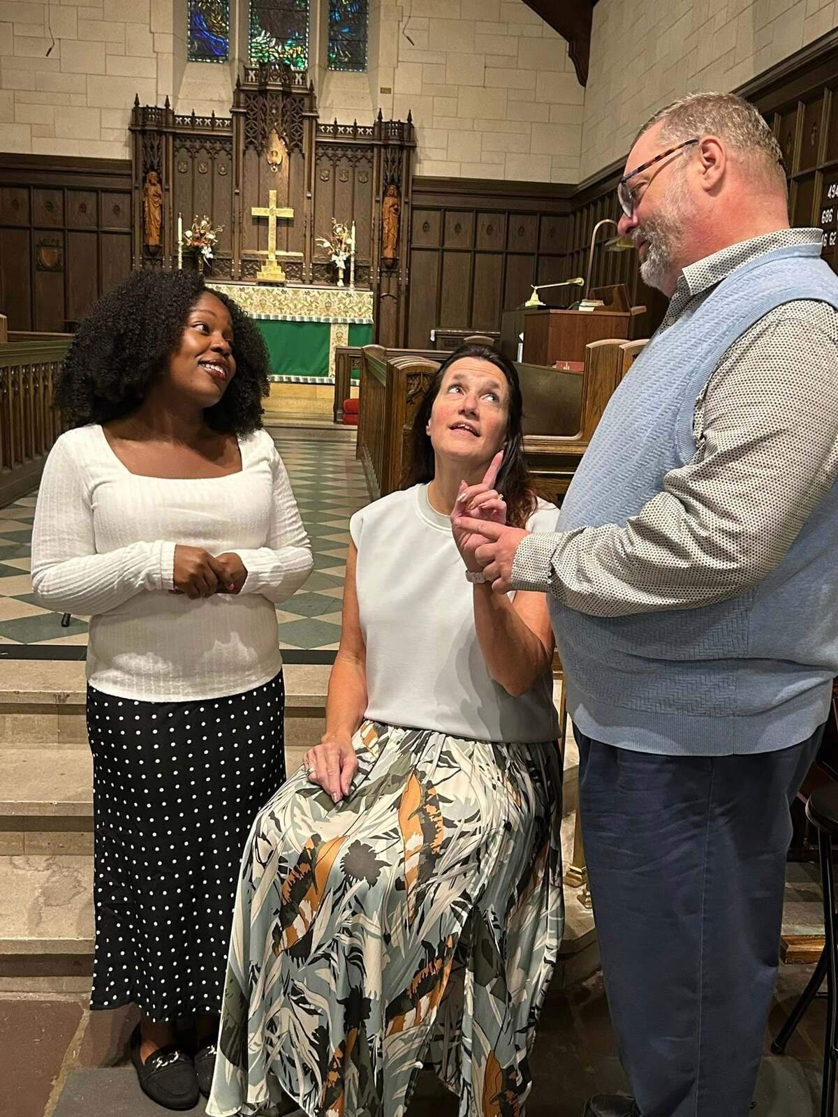 Jenee’ Saffold, left, Deanne Zogleman, center, and John Dalton White are among the cast members in “Witnesses,” a new show by Guild Hall Players.
