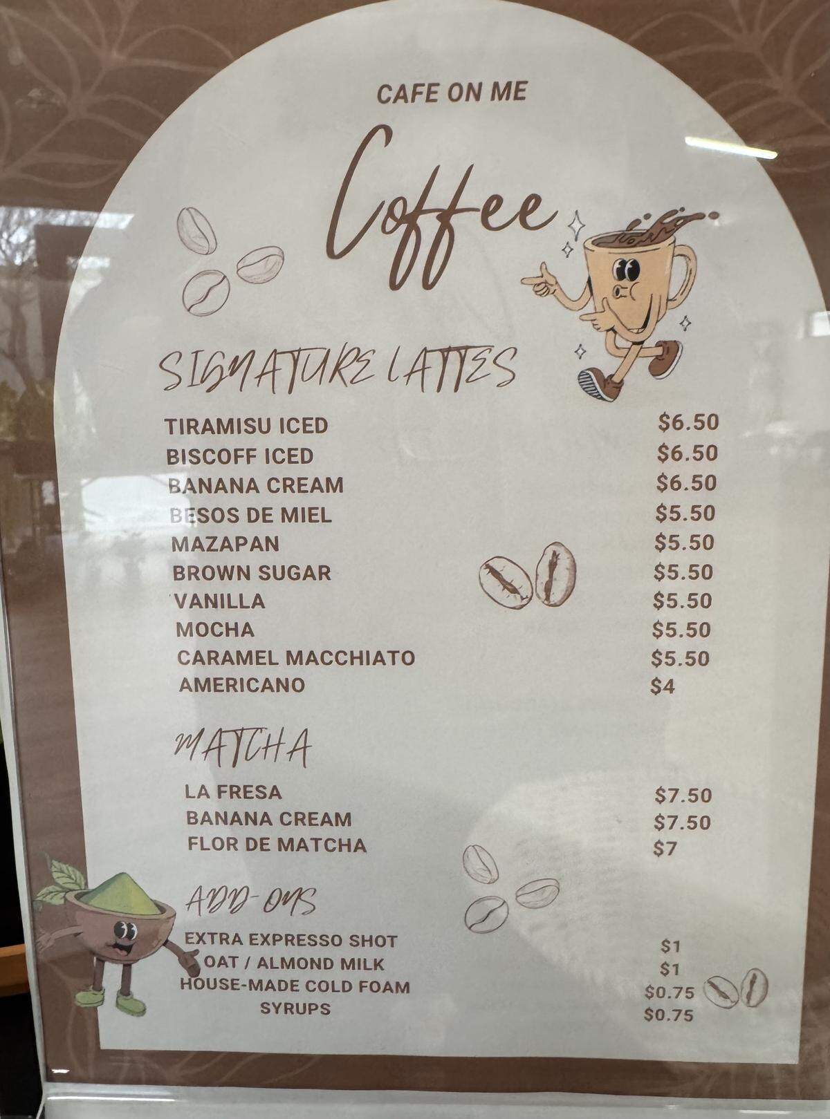 The Cafe on Me menu