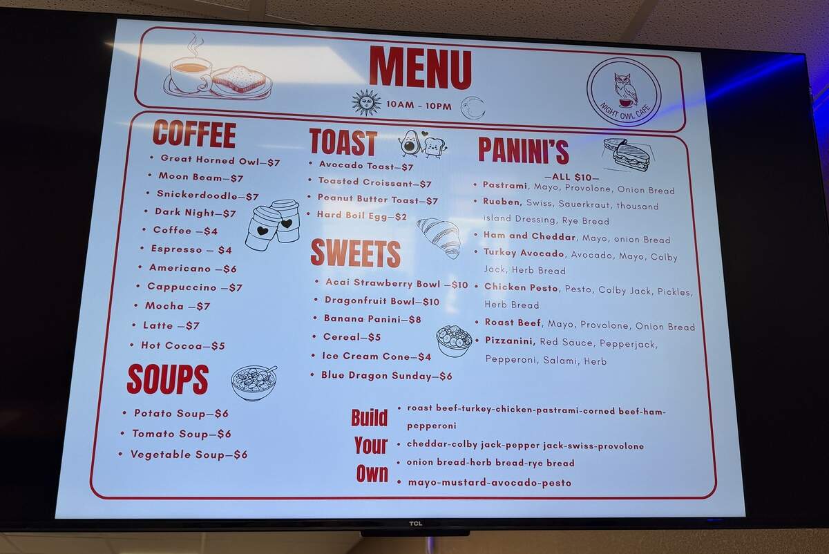 The menu at Night Owl Cafe, 1018 W. Maple
